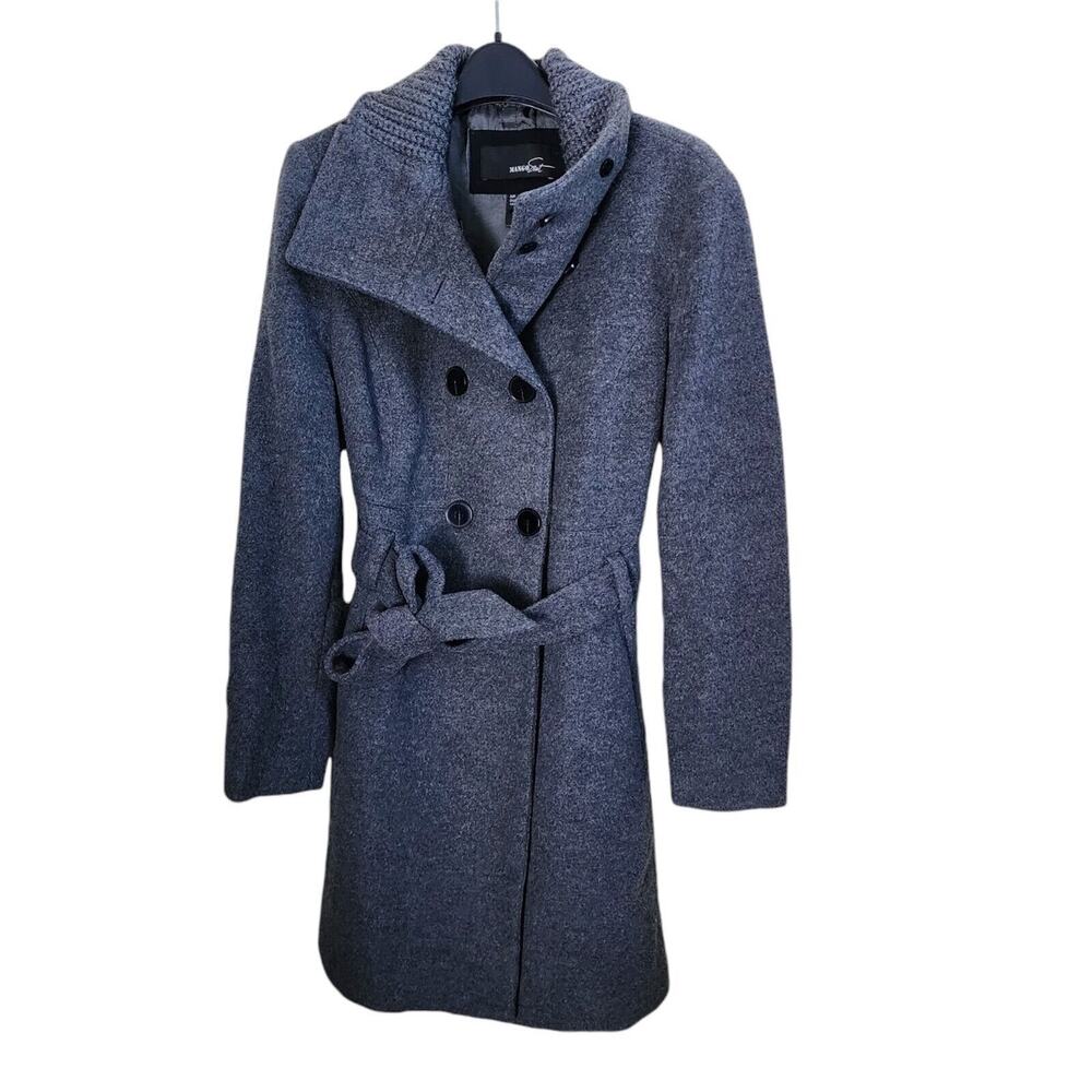 Mango Wool Trench Coat Winter Size S Gray Belted Button Front Pockets Classic